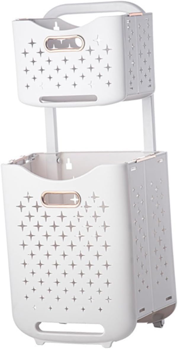 Double Layer Foldable Laundry Basket with Rolling Wheels Spacious Dirty Clothes Hamper for Bathroom and Bedroom Storage Smooth Surface Brake Wheel for Stable Movement Family Use