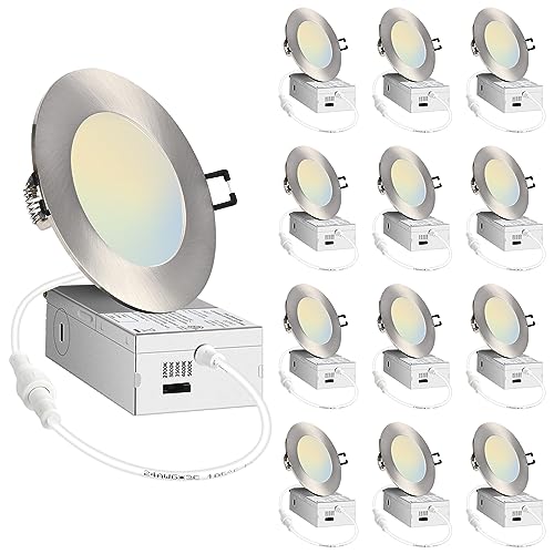 POPANU 4 inch LED Recessed Light Canless Ceiling Fixture 9W 5CCT 4" LED Wafer Lights Housing & Trim Kits Dimmable Ultra-Thin Downlight Brushed Nickel 4in 12Pack by POPANU - Used condition - US$48.47