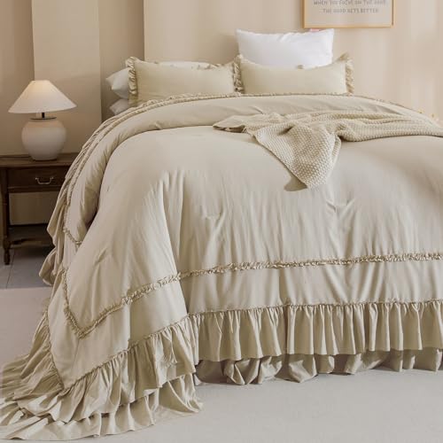 Image of QSH Wheat Oversized California King Bed Comforter Set 128x120, Farmhouse Shabby Vintage Bedding Comforter with Ruffles French Country Comforter Soft Microfiber Fluffy Bedding 3 PCs