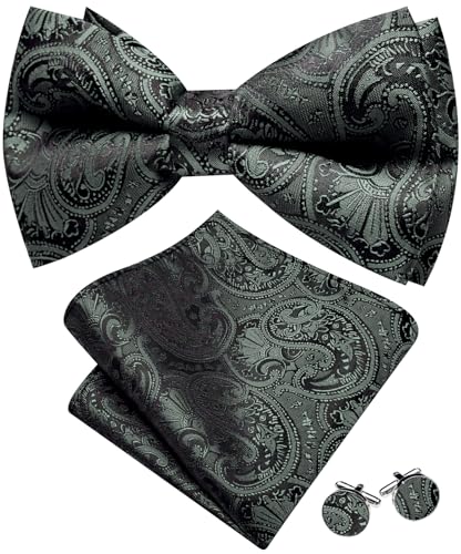 Image of Barry.Wang Paisley Striped Bow Tie for Men Silk Pre-Tied Bowtie Pocket Square Cufflinks Set Formal Wedding Party Prom