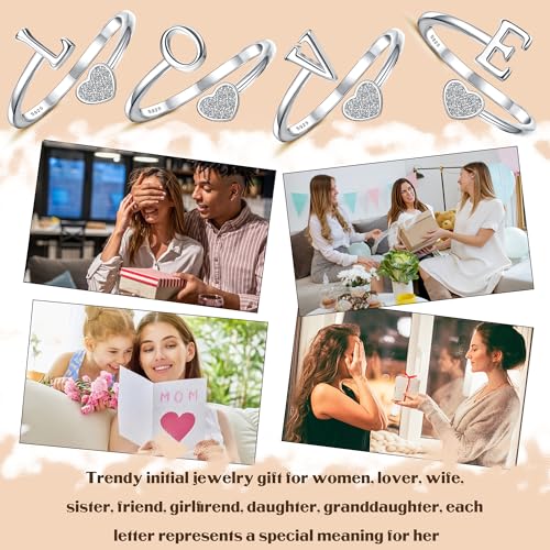 MILACOLATO 925 Sterling Silver Rings for Women 18K White Gold Plated Heart Initial K Rings Adjustable Capital Letter Name Rings Non Tarnish Stackable Thumb Pinky Ring for Mothers Daughter Birthday Bridesmaid Gifts Jewelry - Thumbnail 6