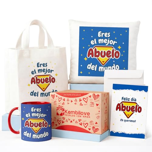 Kembilove® Pack Regalo Abuelo – Taza y Cojín “Eres el Mejor del Mundo” + Bolsa Tote + Tarjeta de Felicitación + Caja Kraft | Regalo Original para Yayo