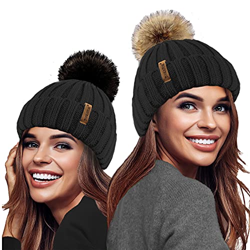 TOSKATOK® Dames filles Chunky 3 en 1 Rib Beanie Hat avec 2 Interchangeable Grande fourrure Faux pompons, Noir, Taille unique Cover