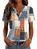 LOMON Womens Geometric Shirts V Neck Short Sleeve Soft Tunic Tops Loose Fit Pleated Button Blouse Orange Blue Plaid M
