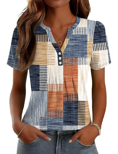 LOMON Womens Geometric Shirts V Neck Short Sleeve Soft Tunic Tops Loose Fit Pleated Button Blouse Orange Blue Plaid M