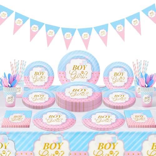 Gender Reveal Party Tableware Set - 114 Pcs Boy or Girl Paper Plates Cups Napkins Straws Tableware Set Tablecloth Banner Tableware Supplies Baby Shower Decorations