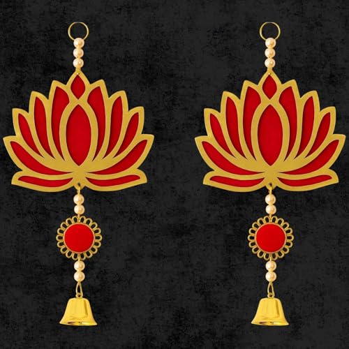 Image of ARLICORPING Wooden Lotus Wall Hanging for Festive Decoration - Diwali, Ganpati, Pooja Room, Mandir, Living Room, Door, Hall, Entrance, Spiritual Decor (Lotus + Bell-Red, Pack of 2)