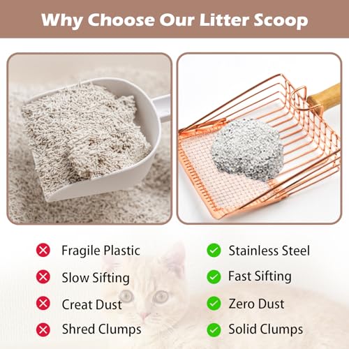 Image of Metal Kitty Litter Scoop,Fast Sifting Litter Scooper for Cats,Cat Poop Scooper with Wood Handle & Hook Rose Gold Solid Two Mesh Kitten Deep Shovel