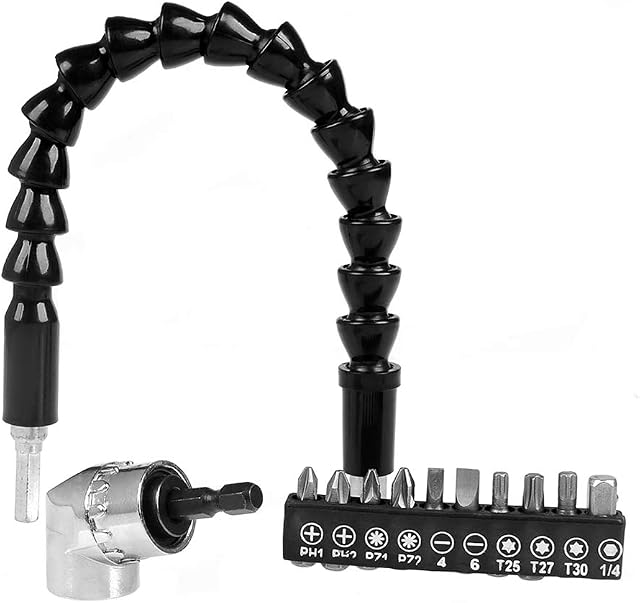 300mm Flexible Drill Bit Extension Shaft Right 105° Angle Drill Attachment Screwdriver Bits Set, 1/4" Hex Shank Flexible Screwdriver Extension Set Magnetic Bit Socket Holder Adapter Kit, QLOUNI