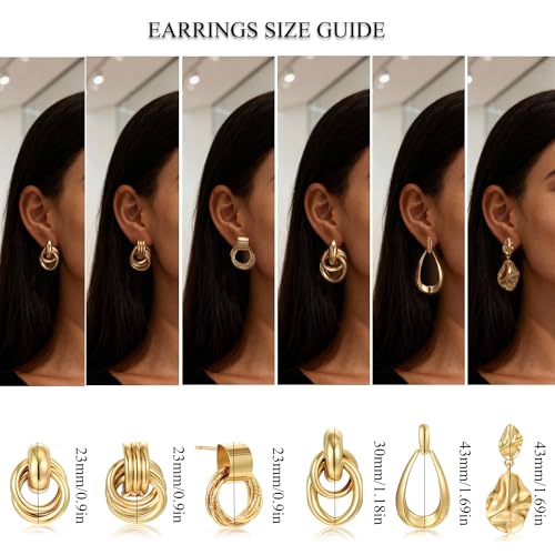 6 Pairs Gold Plated Knot Earrings for Women Chunky Trendy Statement Drop Dangle Teardrop Earrings Lightweight Hypoallergenic Fashion Accessories Gold Jewelry Set Gifts for Women — view 2