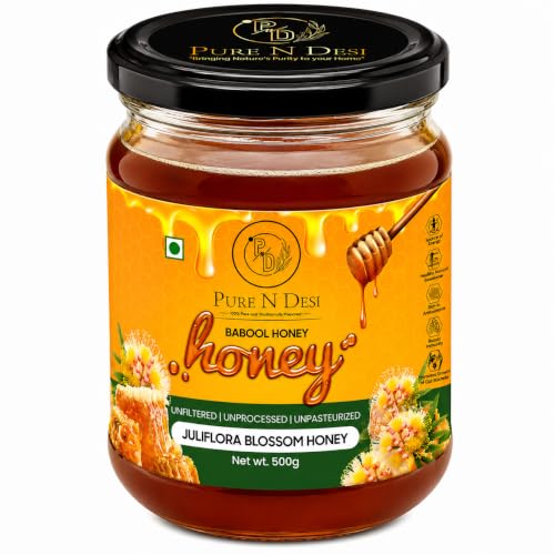 Image of PURE N DESI Raw Juliflora Honey 500g | Unprocessed Babool Honey Glass Jar | Raw Juliflora (Babool) Honey | Unprocessed | No Added Sugar | Wild Forest Honey | 500g Glass Jar