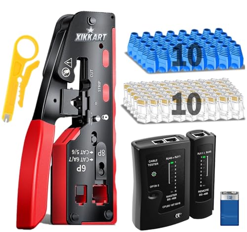 Image of XIKKART Pass-Through RJ45 Crimping Tool Kit for Cat5 /Cat6 /Cat7 Ethernet Cables, Professional Network Cable Crimper with Wire Stripper & Cutter, RJ11 /RJ45 Cable Tester, 10 Connectors, 10 Boots+Battery