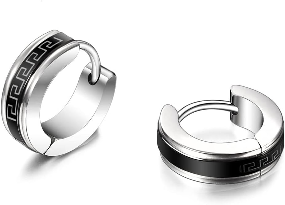 Rockyu Men's Silver and Black Hoop Earrings with Roman Numerals Engraved Hypoallergenic Stainless Steel Earrings for Both Ears Cartilage European and American Style Titanium Set