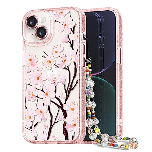 Coque iPhone 14 transparente pailletée anti-chute avec cordon bracelet pour femme et fille