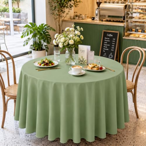 Image of WNINK 2 Pack Sage Green Round Tablecloth, 84 Inch Disposable Plastic Table Covers, Sage Green Round Table Cover for Wedding, Baby Shower, Bridal Shower, Birthday and Garden Party Supplies