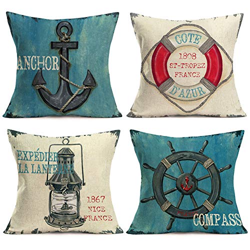 Aremetop Nautical Ocean Decorative Throw Pillow Covers France Ancient Sailing Anchor Compass Lantern Lifebuoy Vintage Rustic Home Decor Navigation Outdoor Cushion Cases 18’’X18’’ Cotton Linen,Set Of 4 #TOP20