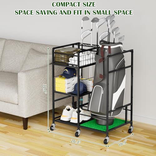 Golf Bag Storage Garage Organizer Golf Bag Stand for Single Golf Bag, Golf Clubs, and Golf Equipment Accessories Golf Bag Holder Storage Rack with Wheels for Garage, Club, Sports, Basement, Black - Image 3