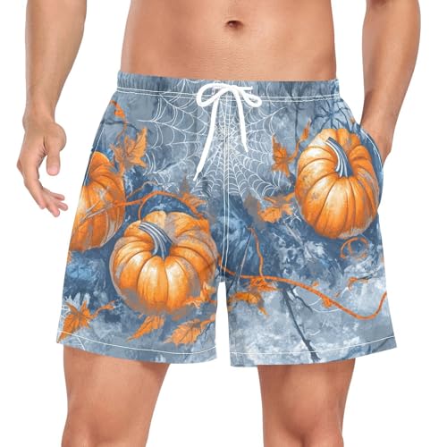 Mens Swim Trunks with Liner, Halloween Orange Pumpkins Cool Quick Dry Beach Swim Shorts, Swimwear Bathing Suits S