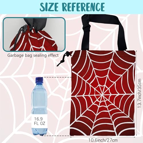 Image of Car Garbage Bag Red and White Spider Web Drawstring Car Trash Bag Hanging for Back Seat with Adjustable Buckle Canvas Vehicle Trash Can Easy-to-Install