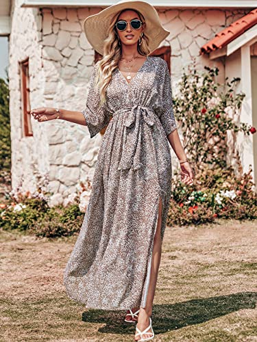 Image of ANRABESS Womens 1 /2 Sleeve Beach Wedding Guest Maxi Dresses 2026 Summer Wrap V Neck Boho Floral Flowy Slit Long Dresses