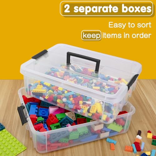 TERGOO 2 Layer Plastic Storage Containers with Lids, Multipurpose Clear Stack & Carry Box, Portable Craft Organizers and Storage Bin for Organizing Art & Craft, Sewing, Makeup, Nail Supplies (Black)