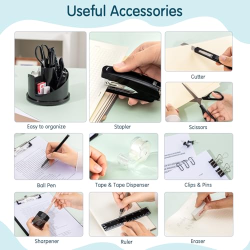 deli Office Supplies Set, 1045 Pcs-Desk Accessory Organizer Kit, Stapler Set, Rotating Multi-Functional Pen Holder, Tape Dispenser, Pens, Binder Clips, Sharpener, Scissor, Eraser, Black
