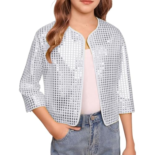 Sequin Jacket for Girls Sparkly Cropped Open Front Long Sleeve Shrug Kids Fall Fashion Party Glitter Blazer Cardigan Silver 9 Years