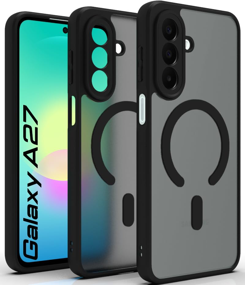 Image of RIGGEAR Shockproof Sleek Hybrid Armor Magnetic Back Cover Case Compatible with MagSafe Accessories for Samsung Galaxy A27 5G (Smoke Black Matte PC + Black TPU Bumper)