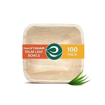 ECO SOUL 100% Compostable Small 4 Inch 150 ml Square Palm Leaf Bowls [100-Pack] Disposable Dessert Bowls Bamboo Style I Heavy Duty Eco-Friendly Sturdy Bowl I Biodegradable Eco Bowls