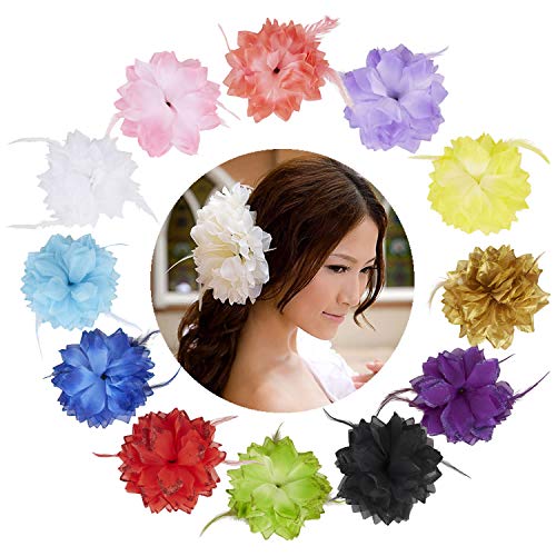 12 Pack Colorful Sequin Glitter Sparkly Large Chiffon Flower Feather Hairbow Hair Ties Hairbands Elastics Rubber Headbands Brooch Pins Hair Clips Barrettes Corsage Pin Bracelet Wristband For Women #TOP28
