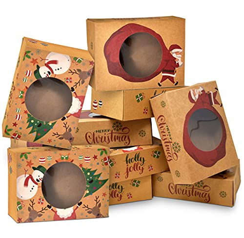 24 Count Christmas Cookie Boxes Holiday Bakery Treat Boxes Brown Kraft Paper Box With Window For Baking Cookies Cupcake Goodies Food Gift Giving Packaging Containers Party Favors Size 8.3" X 6" X 2.8" #TOP7