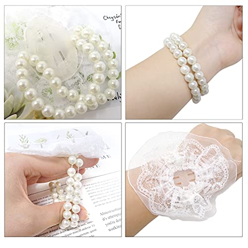 HONBAY 6PCS Elastic Pearl Wrist Bands Wedding Wrist Corsage Stretch Wristlets Faux Pearl Bead Bracelets with Lace Trim for Wedding Festival Beach Party and Prom - Image 5