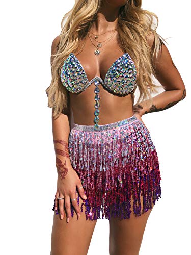 Munafie Women's Belly Dance Hip Scarf Performance Outfits Skirt Festival Clothing Silver/Pink/Purple #TOP2