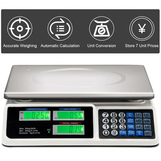 66lb Digital Retail Scale with Dual LCD Displays, 5g Accuracy, Stainless Steel Weighing Pan, 3 Power Modes, Lb-Kg Toggle, Tare, Auto-Stabilize, 8 Unit Price Storage, Durable Housing