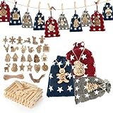 【Elementos de Navidad】El pequeño cartel de madera para colgar en la bolsa de tela está impreso con Papá Noel, muñeco de nieve, campana, reno, calcetines de Navidad, árbol de Navidad, amor y otros patrones diferentes. En el patrón hay 1-24 números diferentes impresos, lo que es muy adecuado para crear un ambiente festivo.