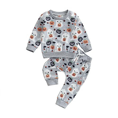 Image of YINGISFITM Baby Girl Boy Halloween Outfit Halloween Pumpkin Shirt Spook Sweatshirt Top Pants Set Toddler Fall Winter Clothes