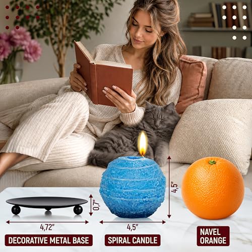 Image of Spiral Candles Burn Around, 4.5 Inch Blue, Unscented, Metal Base | Beeswax Soy Blend, Twisted Wave Design, Approx. 4-Hour Use, 10 oz Gift for Women