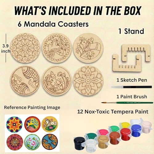 Image of ImagiVibe 3-in-1 Premium Coaster Painting Kit for Kids & Adults | DIY Mandala, Madhubani & Pichwai Art | 6 Pre-Marked Wooden 4 Inch MDF Coasters with Stand | Creative Art & Craft Activity | Gift
