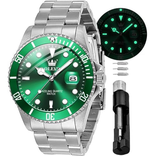 OLEVS Men Watches Quartz Watch Wrist Watch for Men Stainless Steel with Date Classic Bussiness Big Face Waterproof Luminous Green/Black/Blue