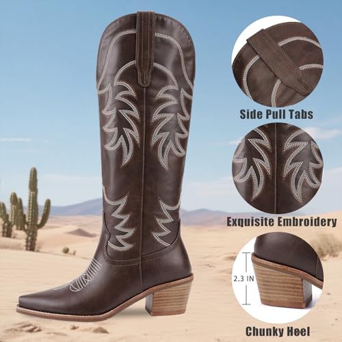 Women's Cowboy Boots Mid Calf Cowgirl Embroidered Stitched Western Boots Snip Toe Chunky Heel Pull On Fashion Tall Boots4
