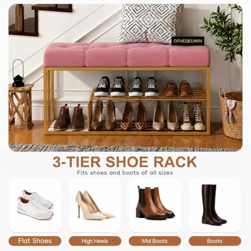 Image of Entryway Shoe Rack with Cushioned Seat, Shoe Bench for Entry, 2 Shelves Storage Bed Bench Pink