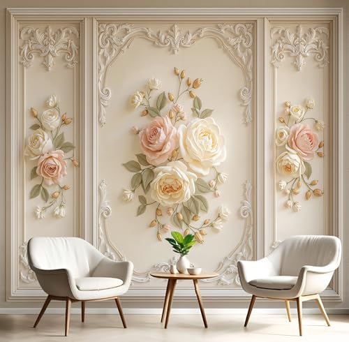 JSCWDET Papel Pintado Pared 3D Estilo Barroco Papels Tapiz, Patrón Floral En Relieve Tejido Seda,Crema Fotomurales 3D Papel Pintado Pared Dormitorio 300 × 210 cm