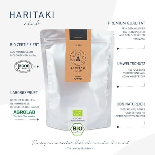 Haritaki BIO Pulver | Premium Qualität - Haritaki Club | Laborgeprüft und EU Bio zertifiziert | Vegan, Kosher, Halal zu 100% natürlich | Kadukkai, Terminalia Chebula | 250g Ayurveda reines Bio Pulver