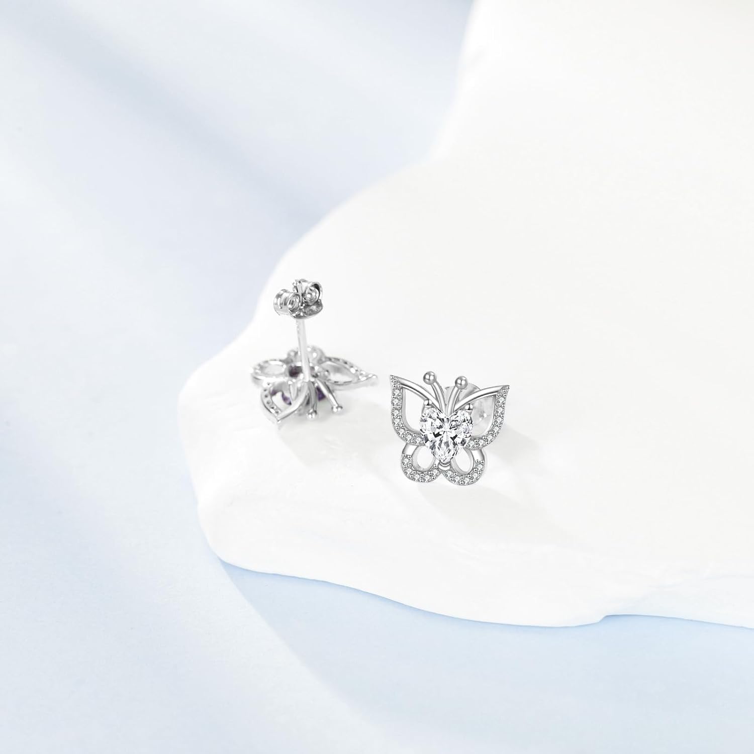 925 Sterling Silver Butterfly Stud Earrings Hypoallergenic Heart Birthstone Studs with CZ Cute Animal Jewelry Gifts for Women Her Christmas Birthday - Image 3