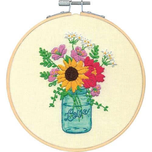 Image of Dimensions 72-70487 Floral Jar Embroidery Needlepoint Kit for Beginners, 6 inch Diameter Hoop, Multicolor, 5 Pieces