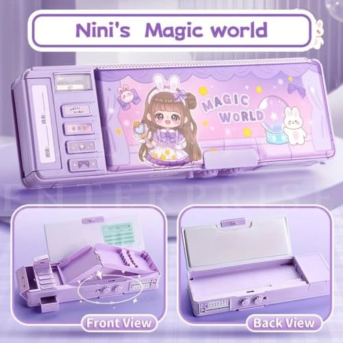 Image of INVITE New Cartoon Theme Pencil Box with Push Pull Eraser Set for Kids | Suitcase Style Password Lock Stationery Organizer | School Supplies Gift Combo for Boys & Girls (Magic Purple Compass + Eraser)