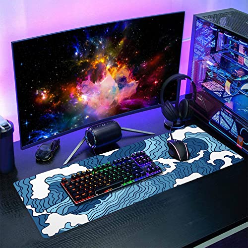 Image of Japanese Blue and White Wave Gaming Mouse Pad XL Anime Sea Texture Extended Large Desk Mat Big Mousepad Non-Slip Rubber Base Stitched Edge Long Desk Pad for Desktop PC Computer Gamer,31.5x11.8 Inch