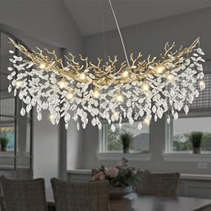 EWIMXSVC Modern Crystal Chandelier for Dining Room, 47" Gold Tree Branches Chandeliers 14 Lights Large Rectangular Chandeliers for High Ceilings Hanging Lights Fixture Master Bedroom Chandelier
