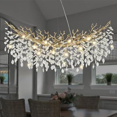 EWIMXSVC Modern Crystal Chandelier for Dining Room, 47" Gold Tree Branches Chandeliers 14 Lights Large Rectangular Chandeliers for High Ceilings Hanging Lights Fixture Master Bedroom Chandelier