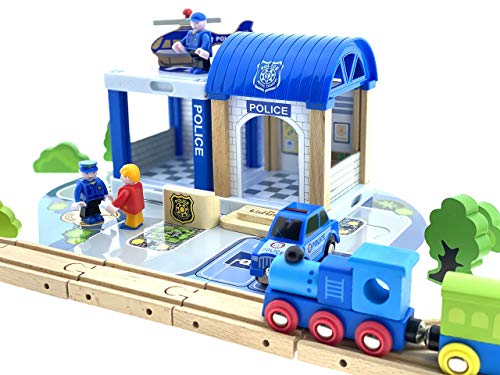 Holzeisenbahn Set Eisenbahn für Kinder / Zug mit Schienen Holzbahn 90 teilig / Polizeistation Polizei / kombinierbar… – Bild 6